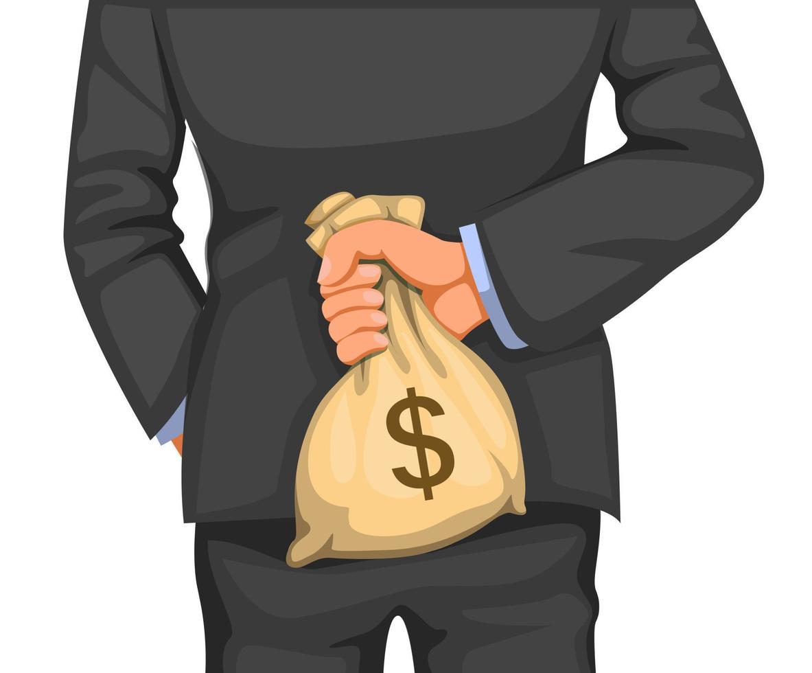 Businessman hold money bag in back. business finance and corruption metaphor concept in cartoon illustration vector on white background