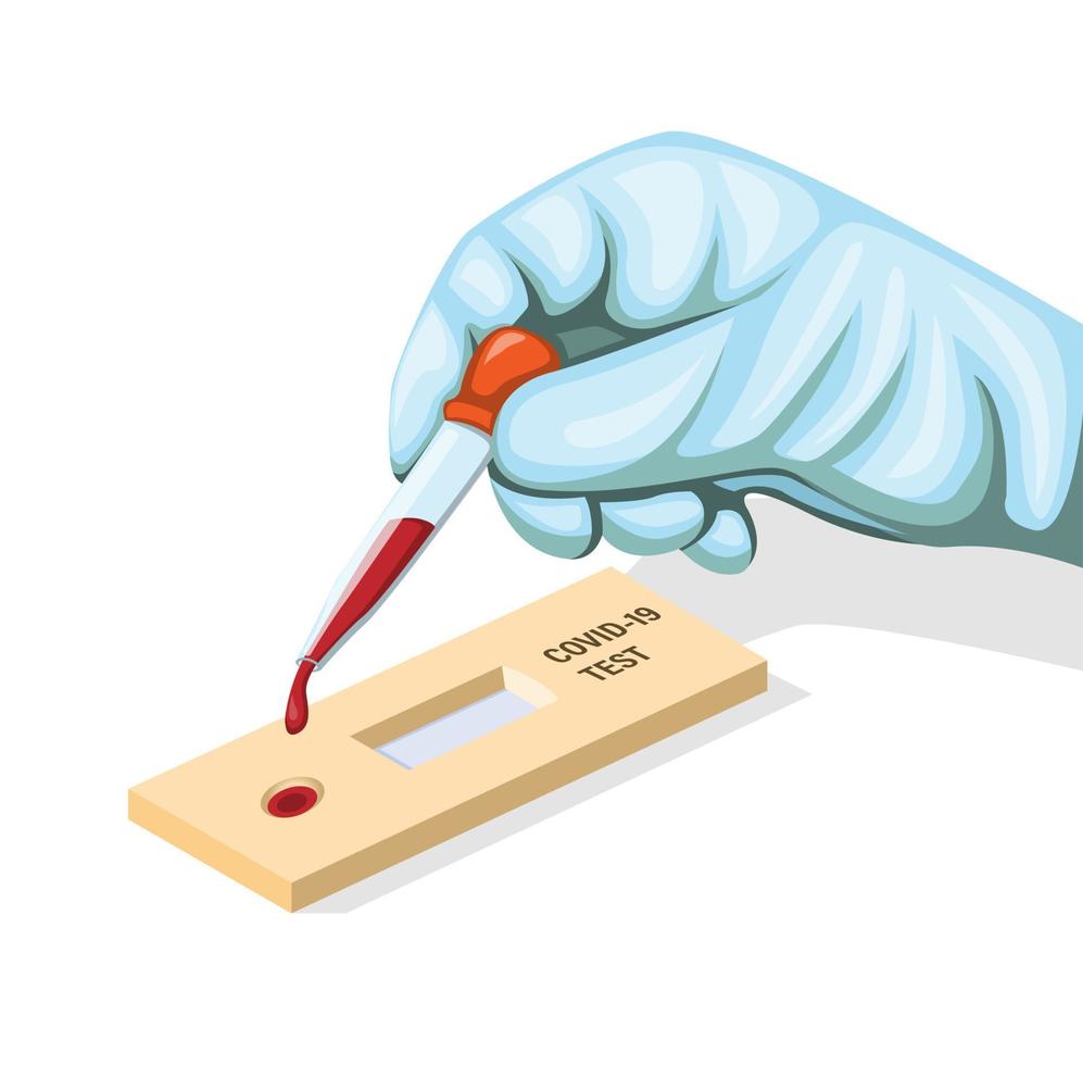 Guante de mano poner muestra de sangre al concepto de prueba rápida covid-19 en vector de ilustración de dibujos animados aislado en fondo blanco