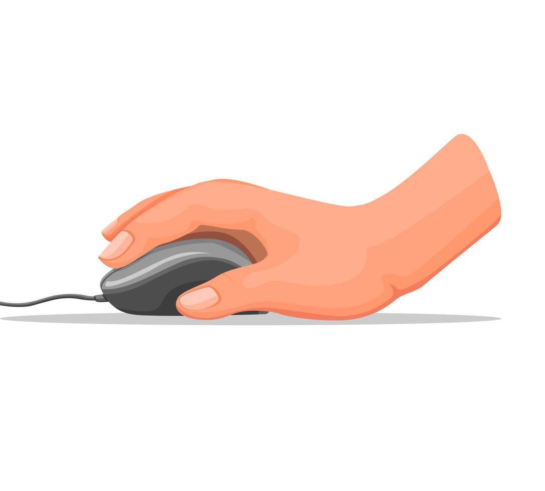 Hand holding computer mouse in office or home in cartoon illustration vector isolated on white background