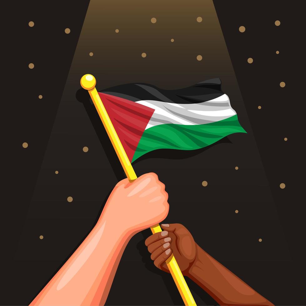 Two people in diversity race holding palestine flag, support freedom illustration cartoon vector