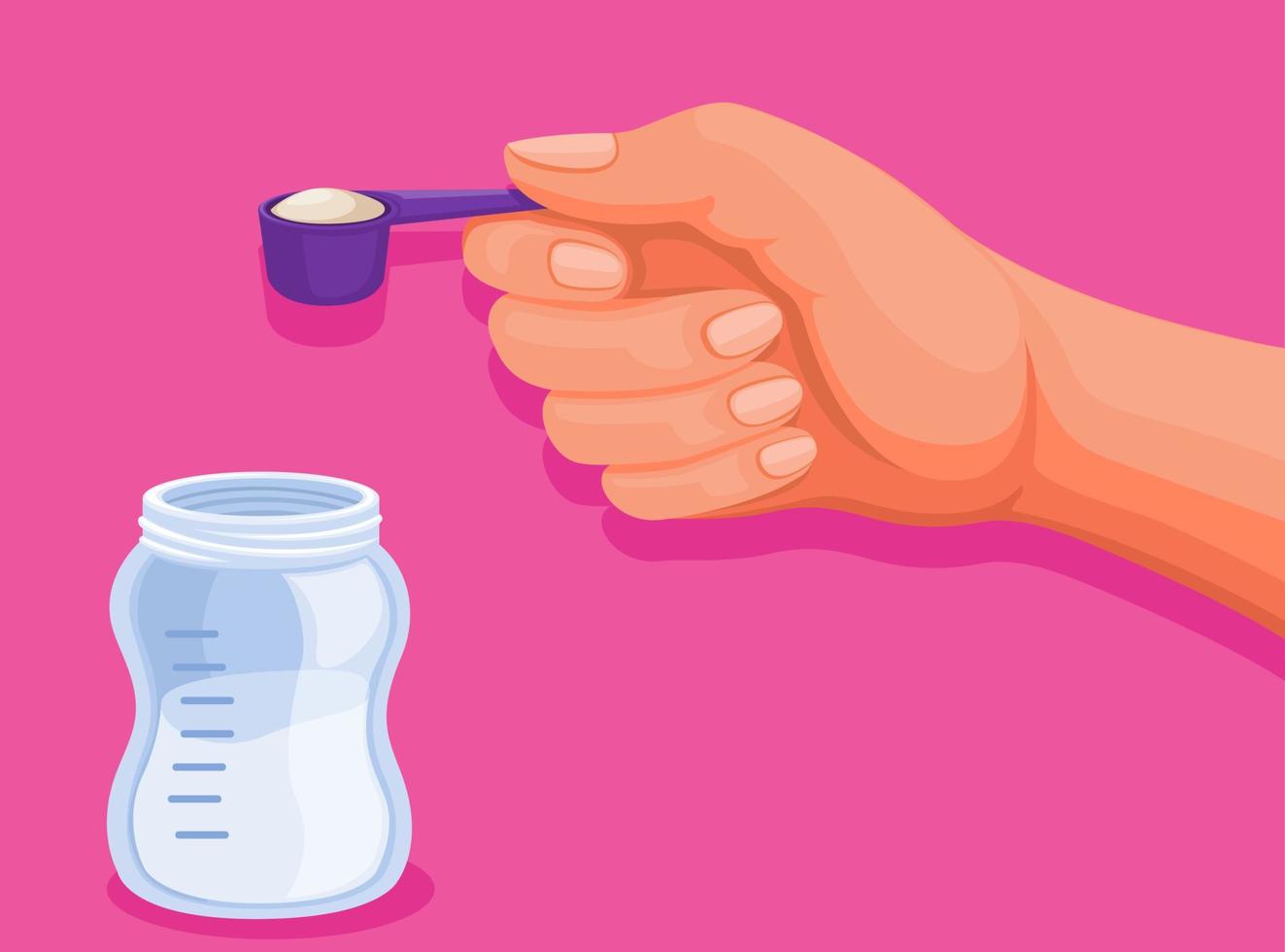 mano sosteniendo una cuchara de leche en polvo a la botella. vector de ilustración de dibujos animados de símbolo de leche de bebé
