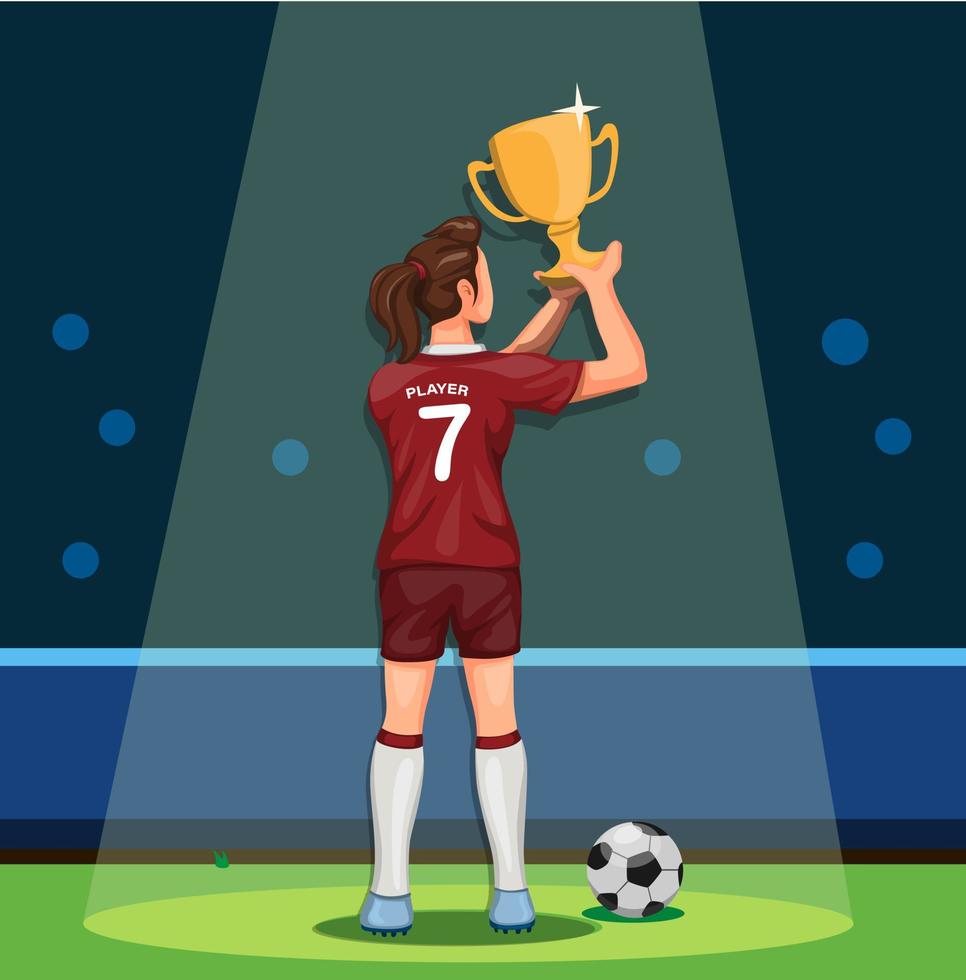 Jugador de fútbol femenino sosteniendo trofeo ganador celebración de campeón en vector de ilustración de dibujos animados