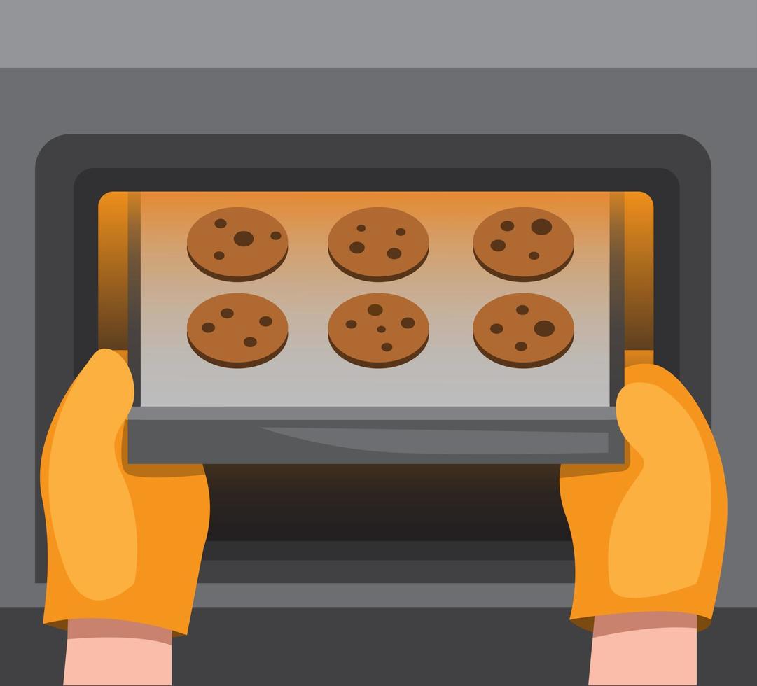 cookies on oven, hand insert or put out pan with chocolate biscuit, cartoon flat illustration vector