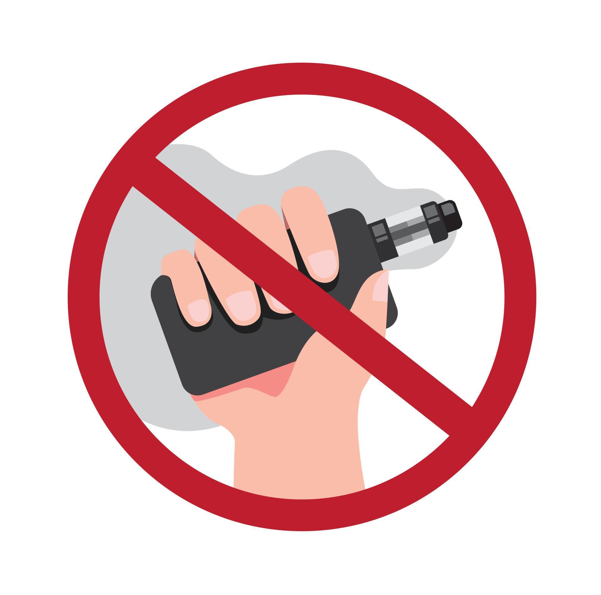 no vaping prohibition, hand holding vape or ecigarette flat no vaping prohibition, hand holding vape or ecigarette flat
