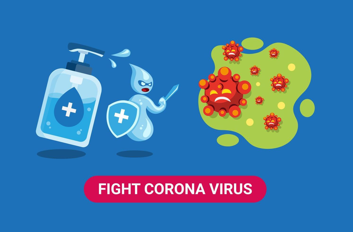 Combata el virus corona con desinfectante de manos para protegerse de las enfermedades infecciosas. vector de ilustración plana de dibujos animados