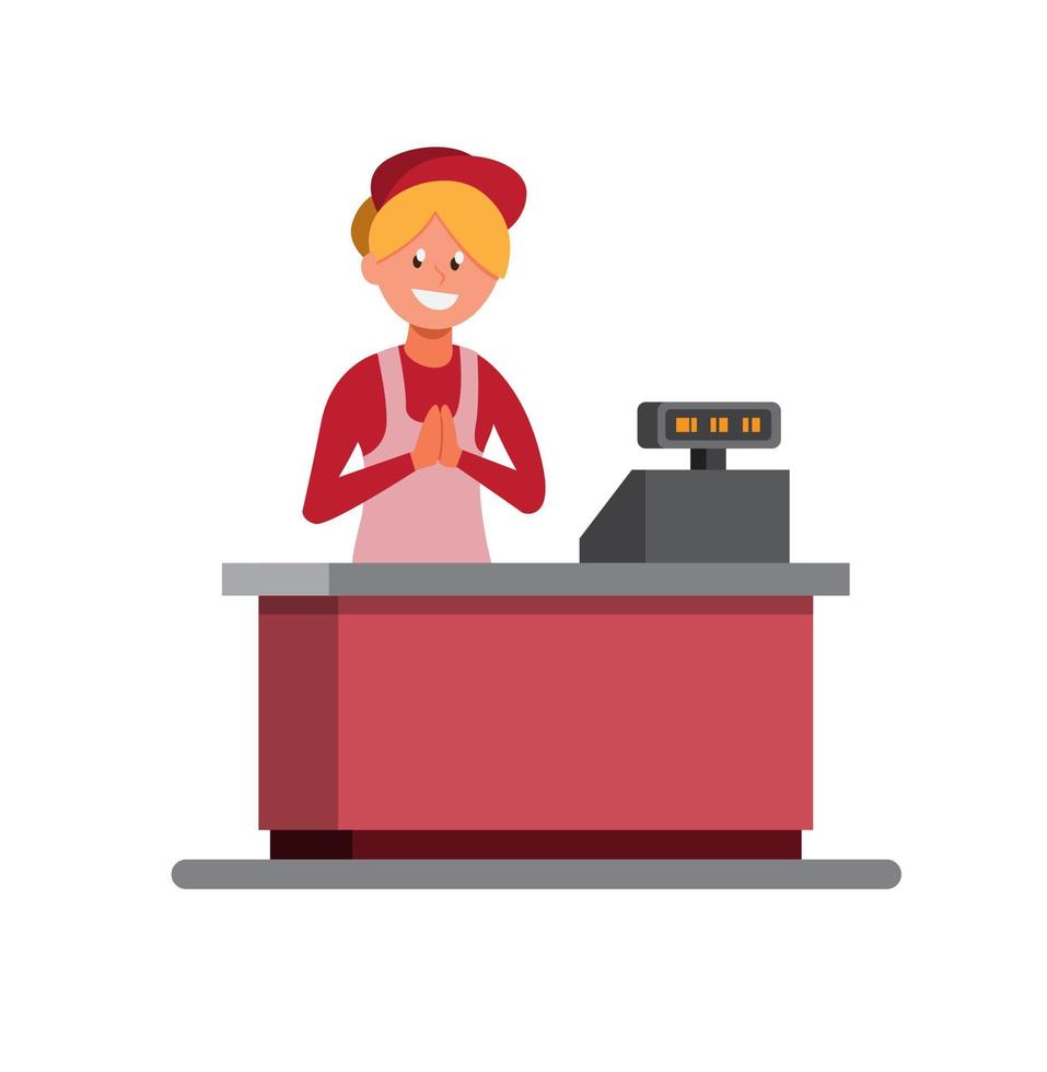 cashier woman give welcome to customer, Supermarket female cashier in uniform and apron stands behind cash, women work in store cartoon flat illustration vecor isolated in white background vector