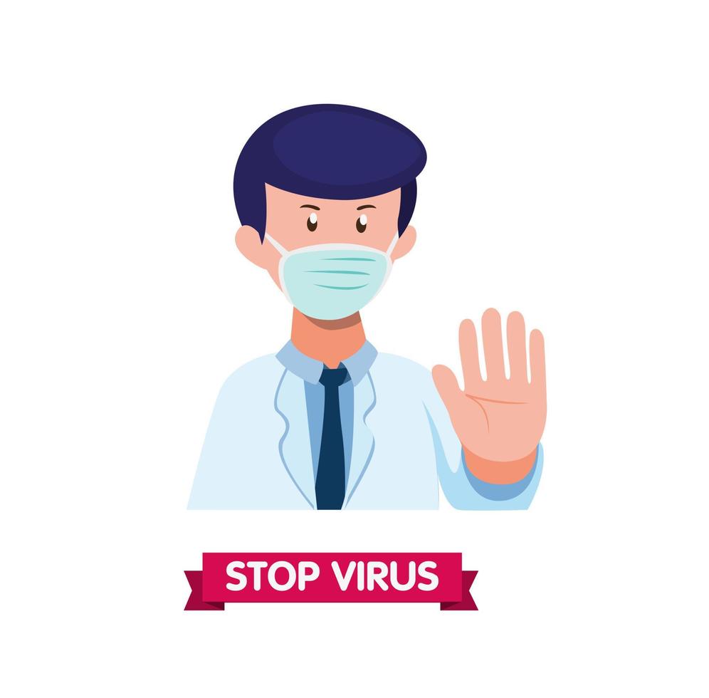 Doctor con máscara facial con símbolo de gesto de parada de mano, prevenir la propagación de la infección por virus vector de ilustración plana de dibujos animados en fondo blanco