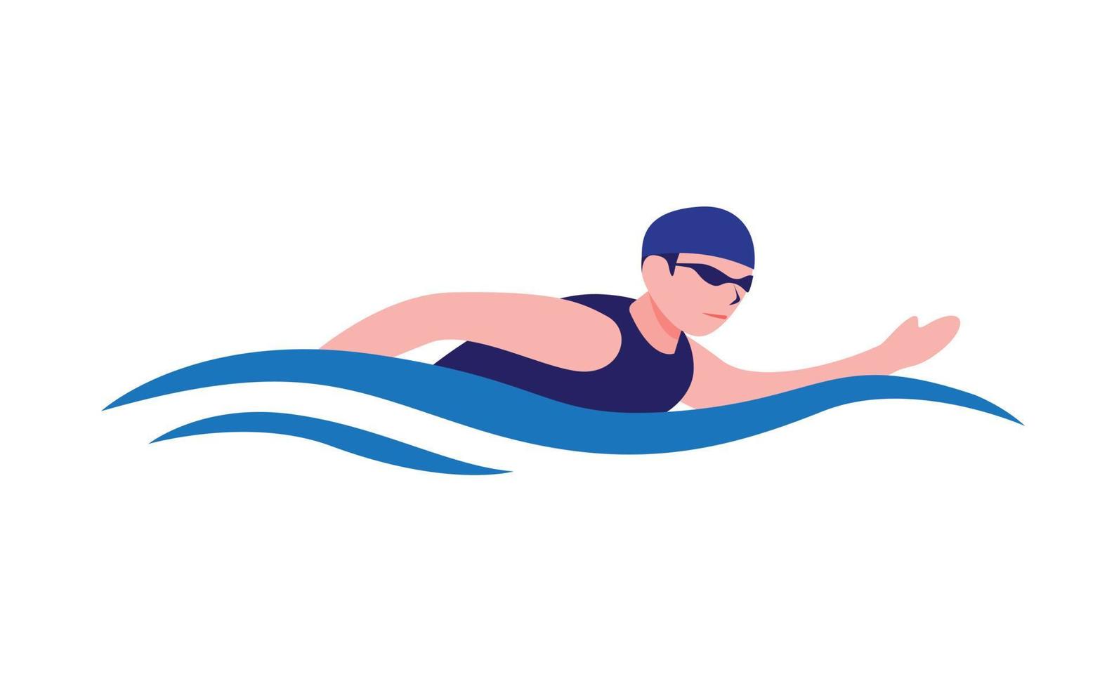 Hombre nadando en la piscina o el logotipo del símbolo del océano, competencia de actividades de natación de deportes acuáticos en vector de ilustración plana de dibujos animados