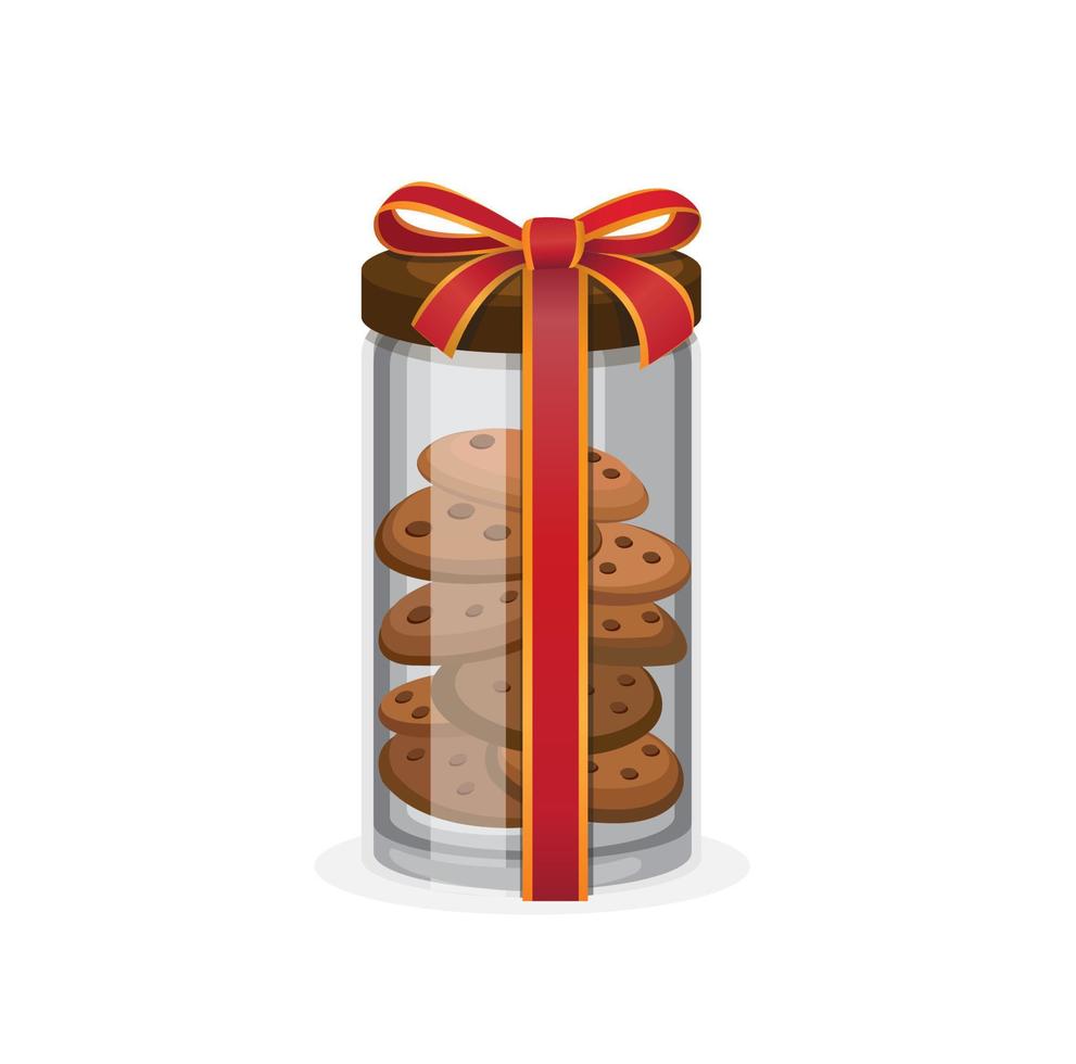 cookies on glass jar with ribbon for gift or present in realistic cartoon illustration vector isolated in white background