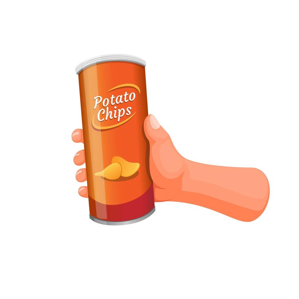 Hand holding potato chips in tube can packaging. snack food product concept in cartoon illustration vector on white background