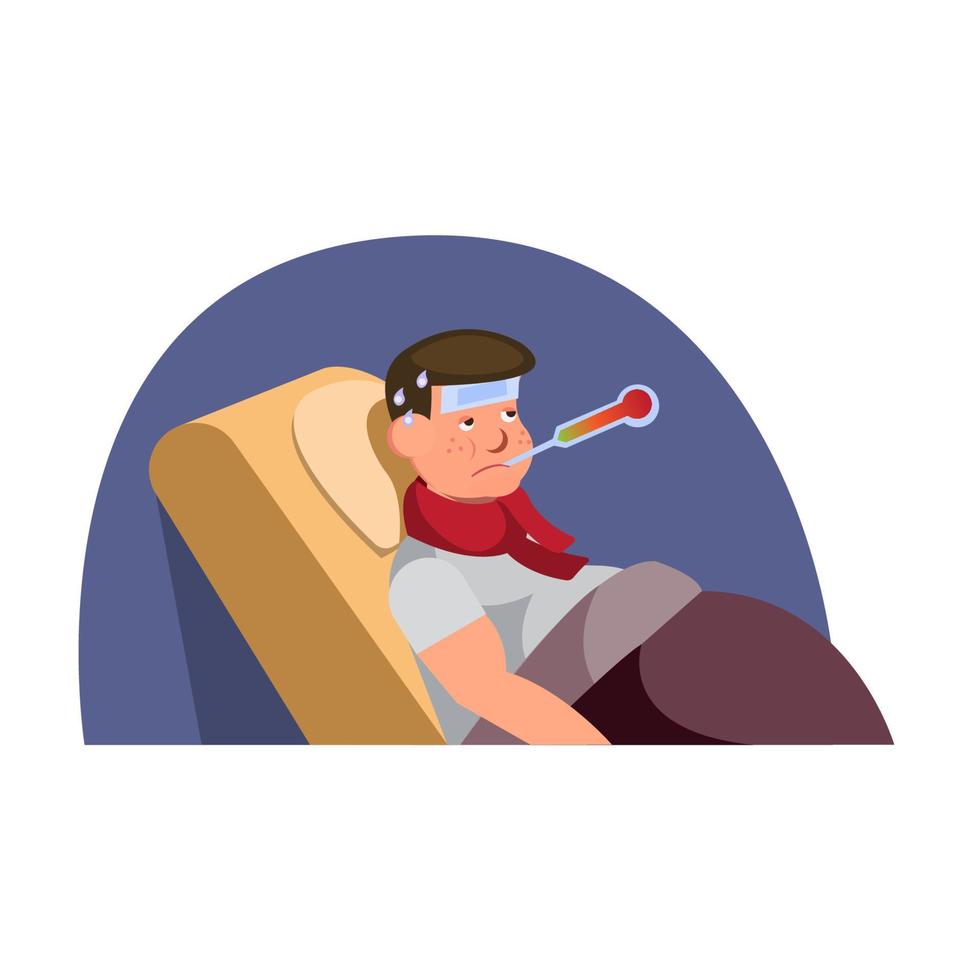 Sick person rest. ill man headache. fat man infected flu, Flu illness person. Cartoon sick man flat illustration vector