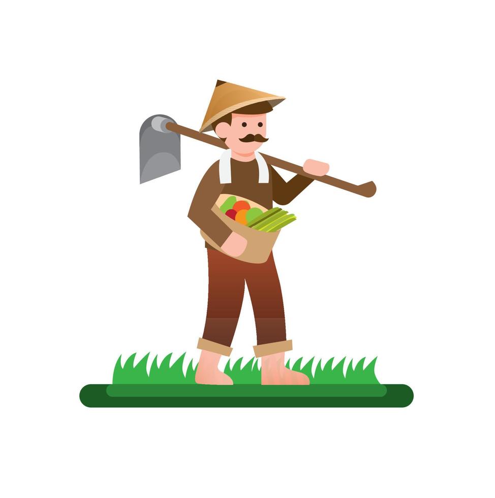 agricultor lleva una azada de madera en el hombro con una cesta de verduras, cosecha, carácter vectorial plano vector