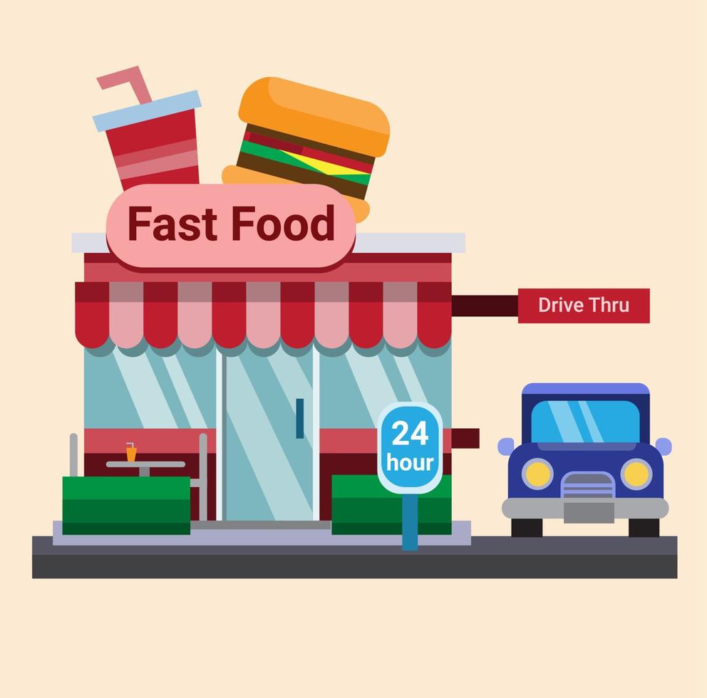 Modern Flat Commercial Restaurant fast food, burger, with drive thru Building Illustration vector