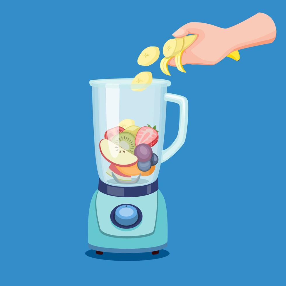 Corte la fruta a mano en la licuadora, haciendo batidos de jugo de bebida saludable en un procesador de alimentos en un vector de ilustración de dibujos animados