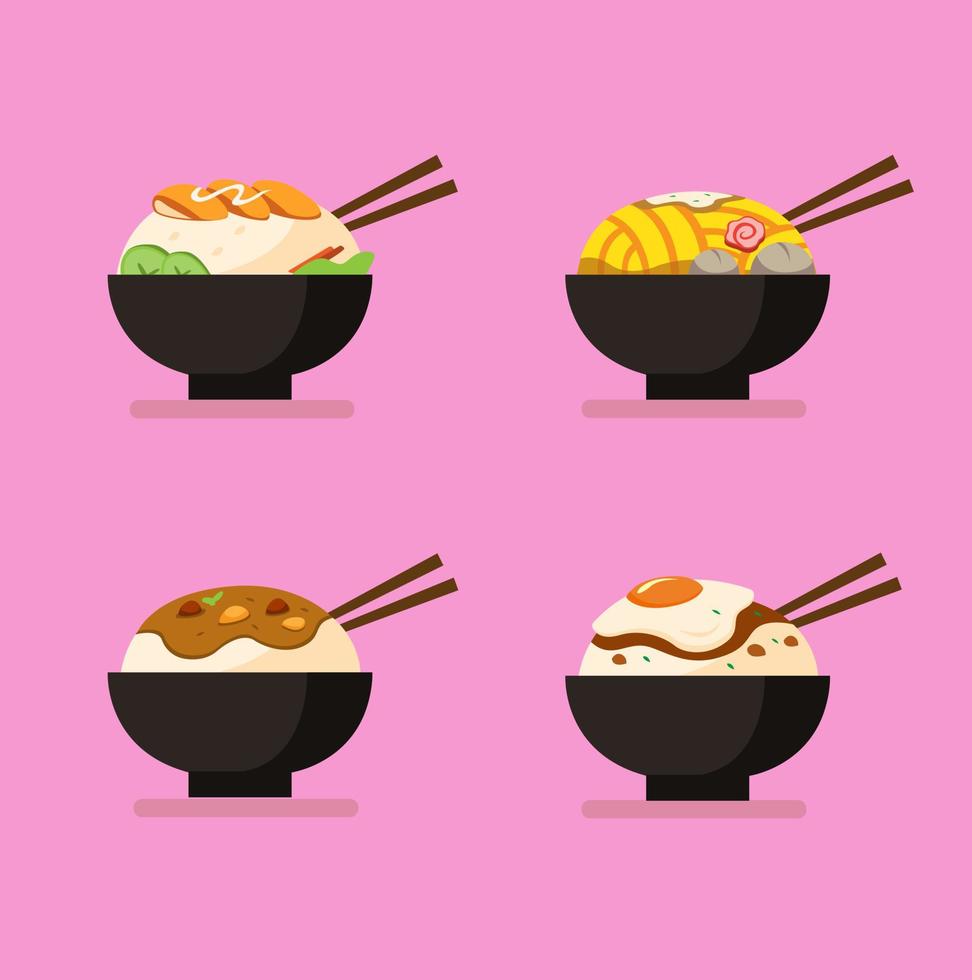 conjunto de iconos de colección de menú de tazón de arroz y fideos, fideos de pollo con albóndigas, arroz al curry y arroz con pollo con huevo. vector de estilo plano de dibujos animados de ilustración de comida