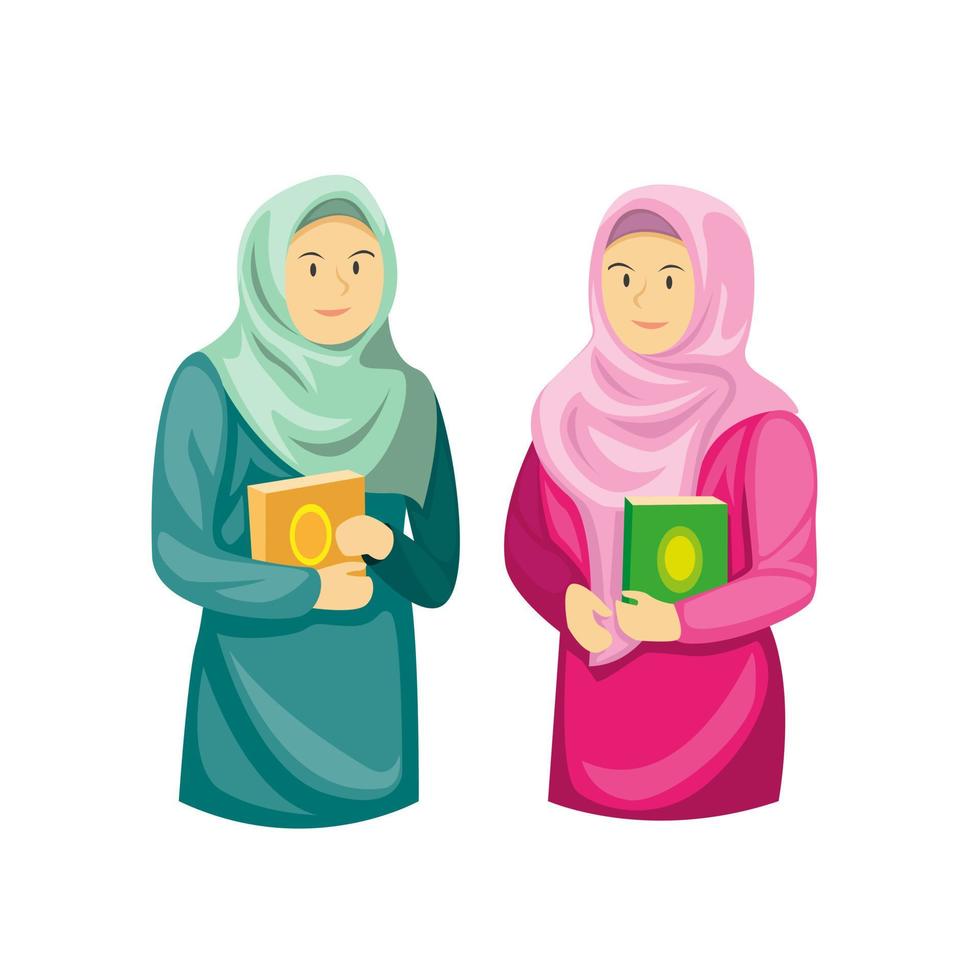 Two muslim girls holding al quran, ramadan season decoration in cartoon flat illustration vector isolated in white background