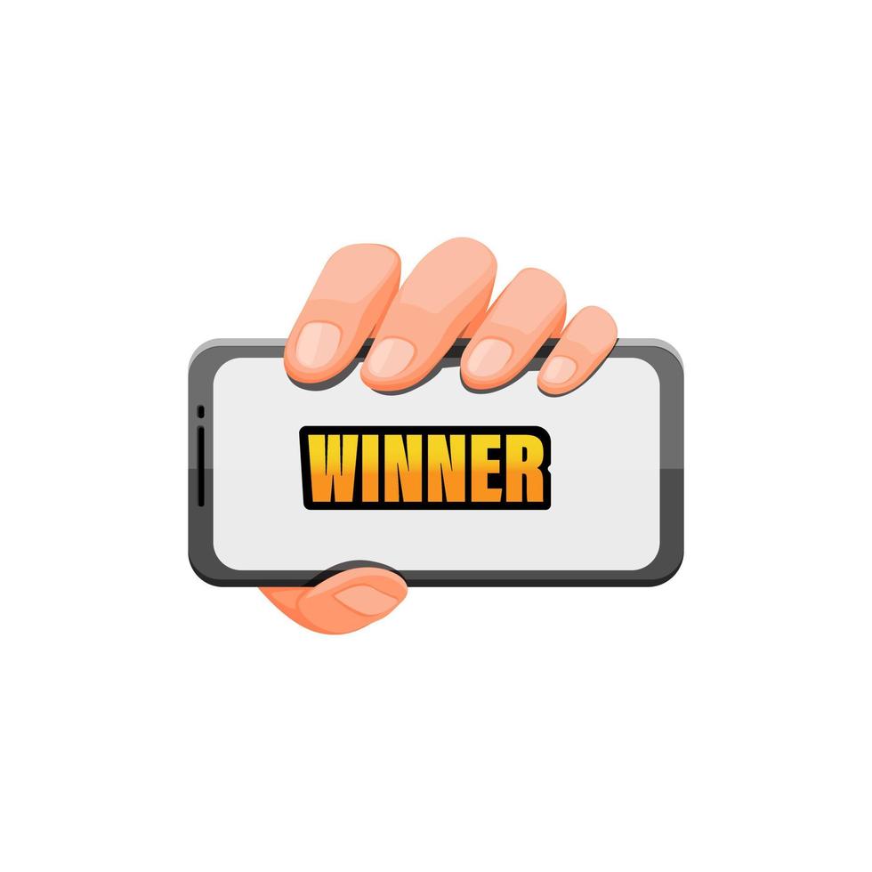 Hand holding smartphone with winner text. esport mobile gaming symbol in cartoon illustration vector isolated on white background