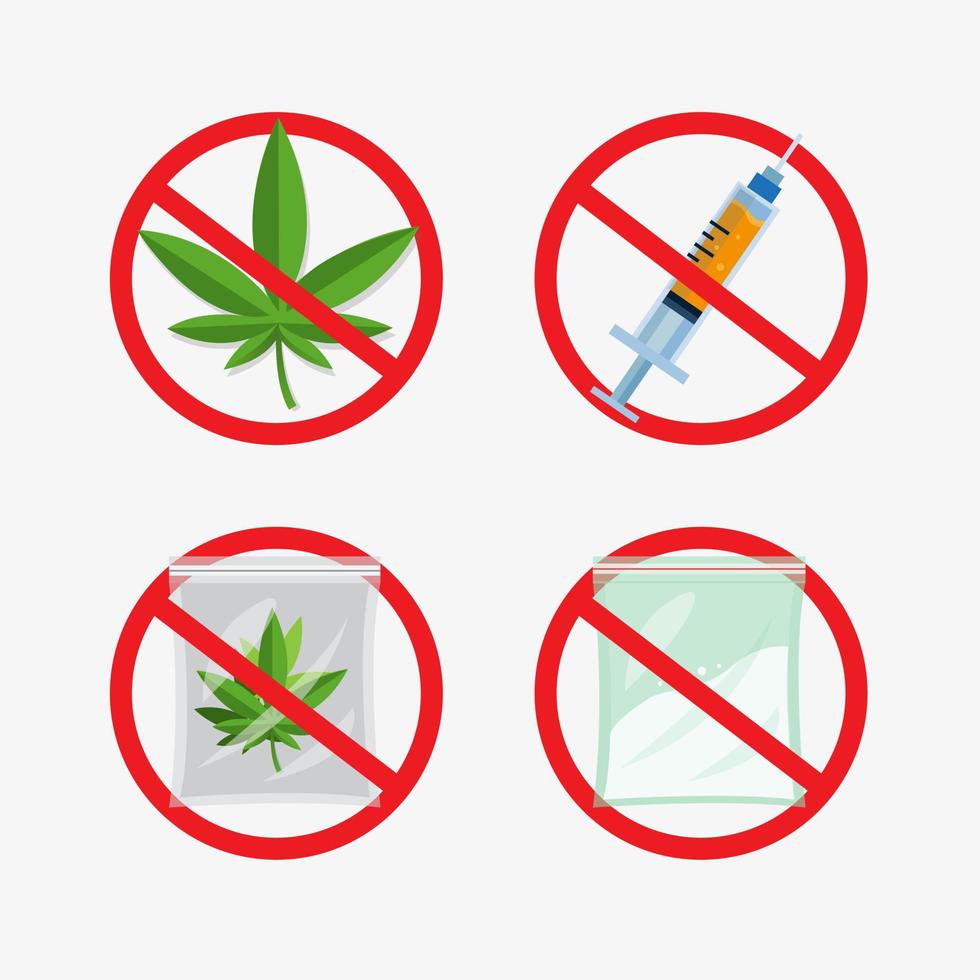 no weed, narcotic and drug collection icon set, flat illustration vector isolated in white background