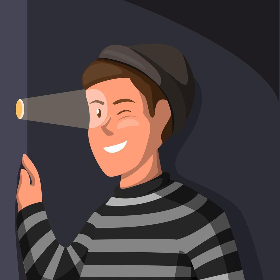 Stalker crime activity. thief man wear strip shirt looking from hole wall in cartoon illustration vector