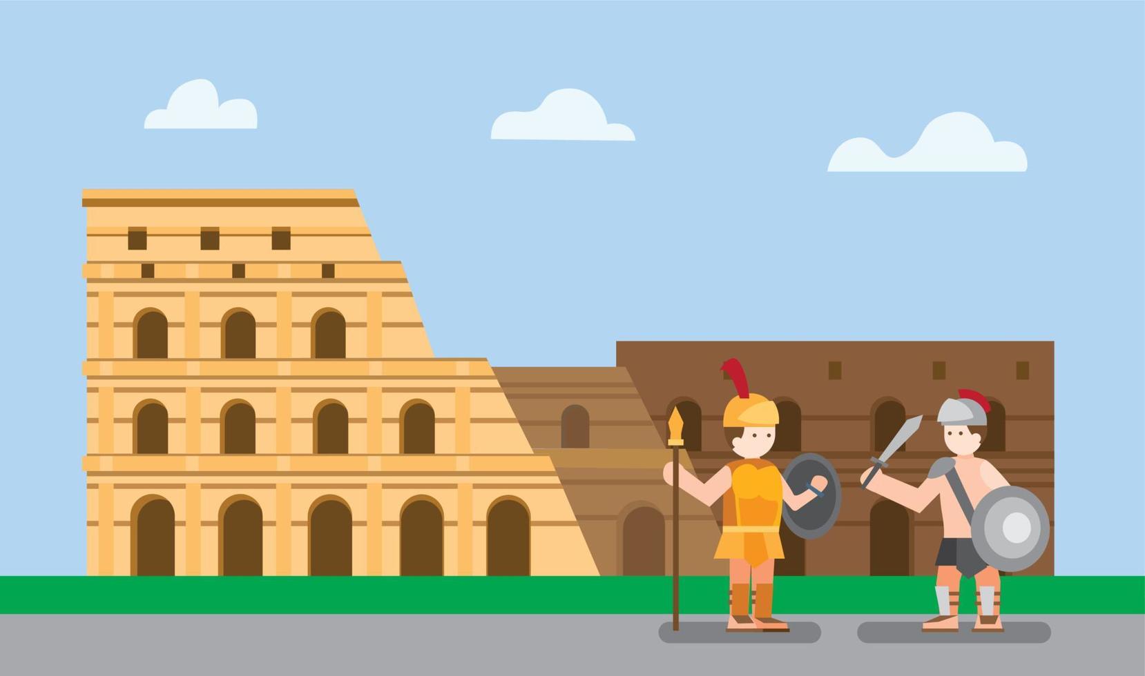 coloseum rome, italy with gladiator in flat illustration editable vector background