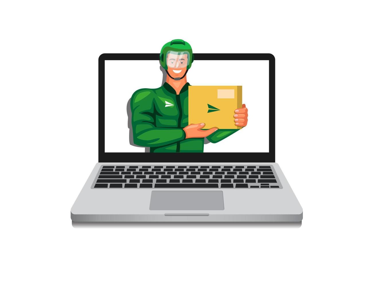 man in helmet and jacket holding package on laptop. Courier motorbike delivery service concept in cartoon illustration vector