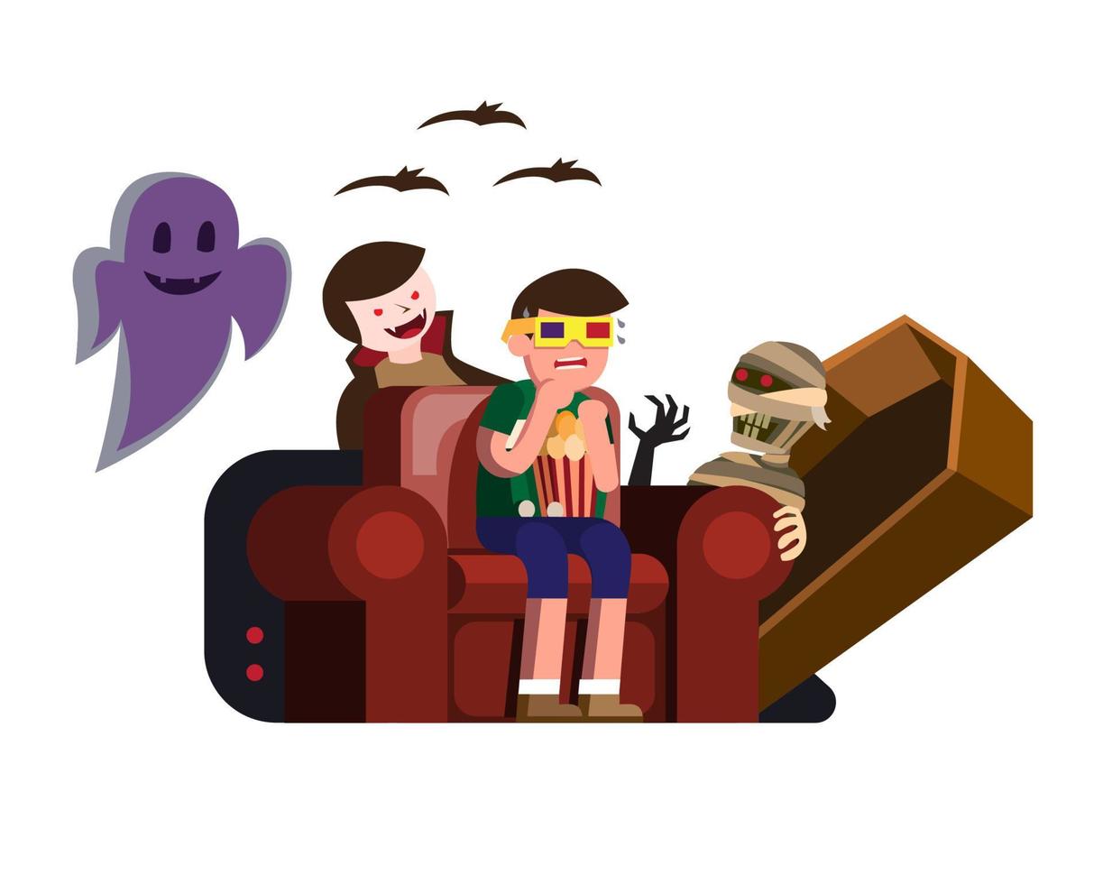 guy watch 3d horror movie, boy use 3d glasses movie, with dracula, mummy,  bat,ghost flat design 4595249 Vector Art at Vecteezy