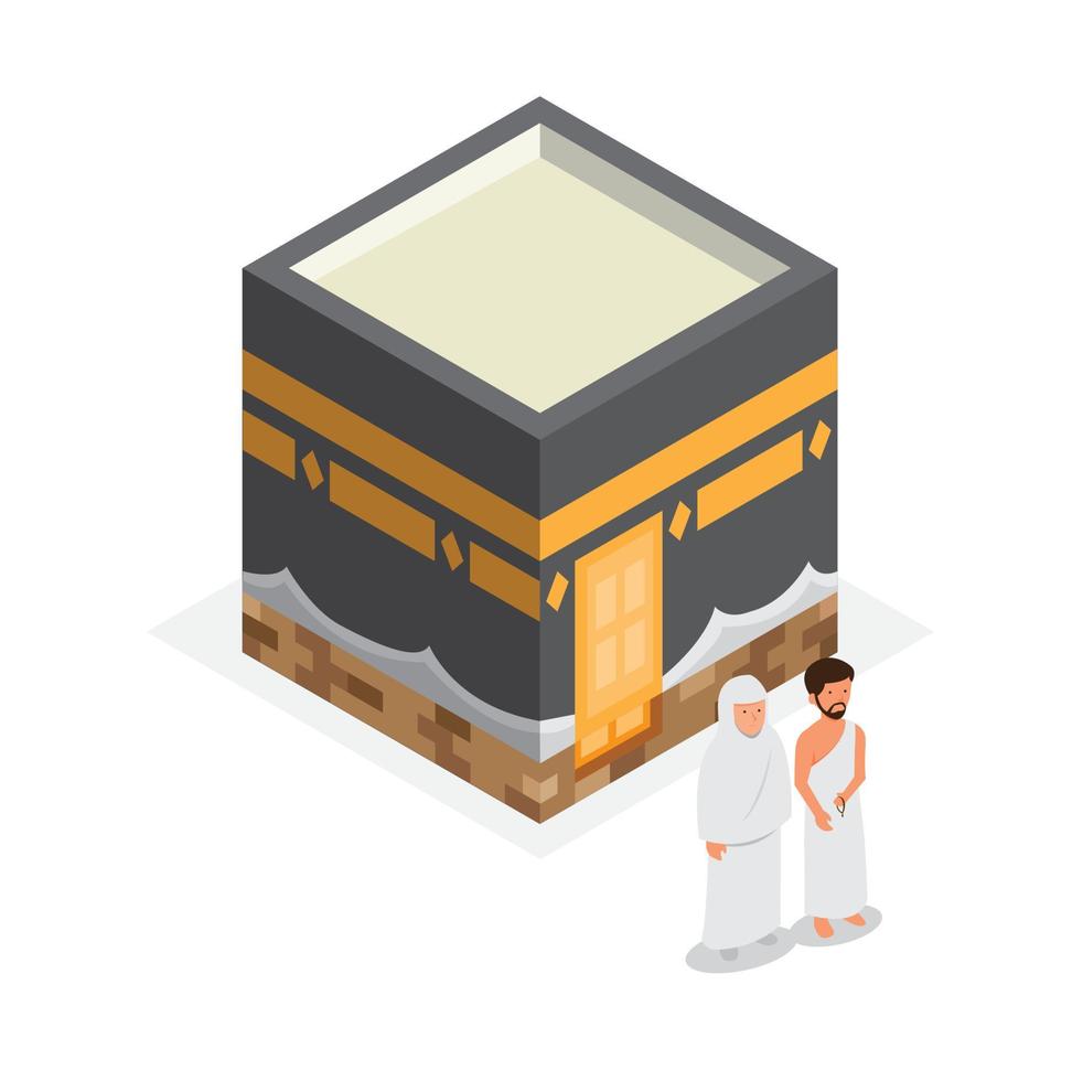 kabah mecca with moslem man and woman in isometric. hajj, umrah, praying and Islamic pilgrimage illustration editable vector