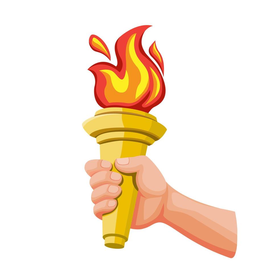 Hand holding Golden Torch with Fire Flame, symbol for Sport Competition in cartoon illustration vector isolated in white background