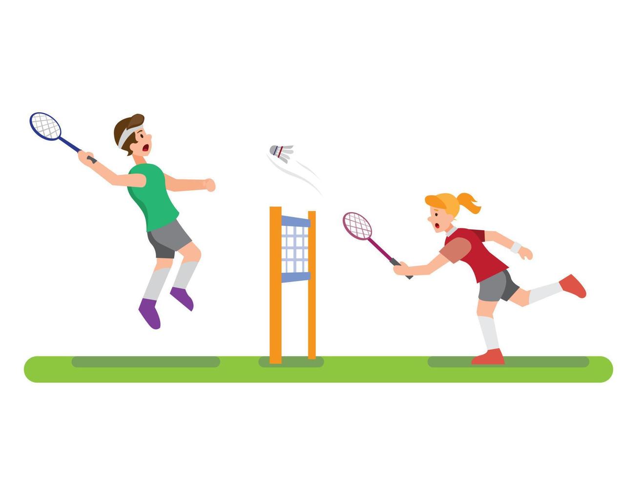 illustration of people playing badminton with friend and ready to smash shuttlecock, sport competition in cartoon flat editable vector