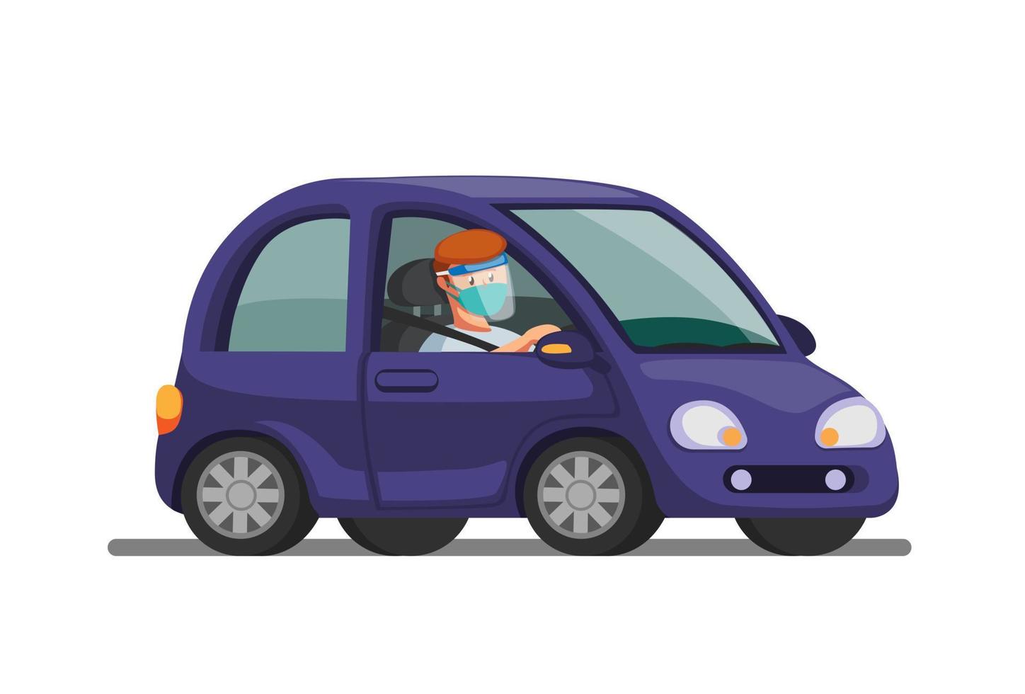 Man riding car wear mask and face shield. drive thru, and rapid test symbol in new normal activity. concept in cartoon illustration vector on white background