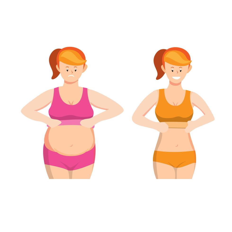 mujer gorda y delgada cuerpo símbolo icono conjunto concepto en vector de ilustración de dibujos animados sobre fondo blanco