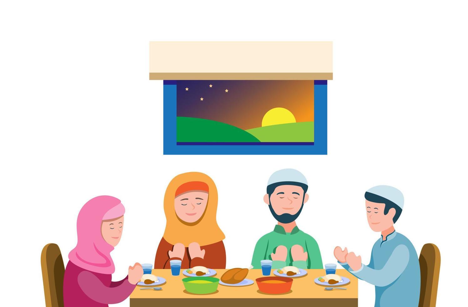 La familia musulmana reza antes de la comida para romper el ayuno, la actividad religiosa del islam en la temporada de Ramadán. vector de ilustración plana de dibujos animados aislado en fondo blanco