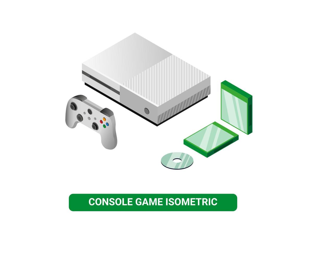 Game console device in white color with green cd case in isometric editable vector isolated in white background
