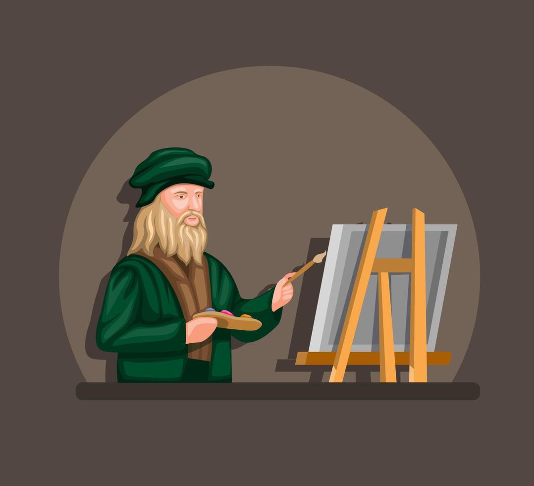 Leonardo davinci dibujo y pintura sobre lienzo concepto en vector de ilustración de dibujos animados