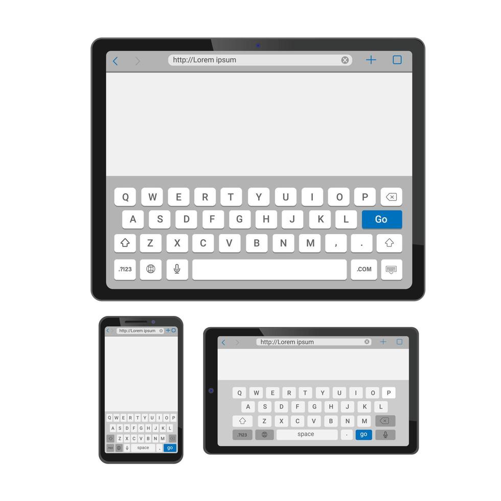 Smartphone and tablet touch keyboard keypad typing browser interface template mockup realistic illustration vector