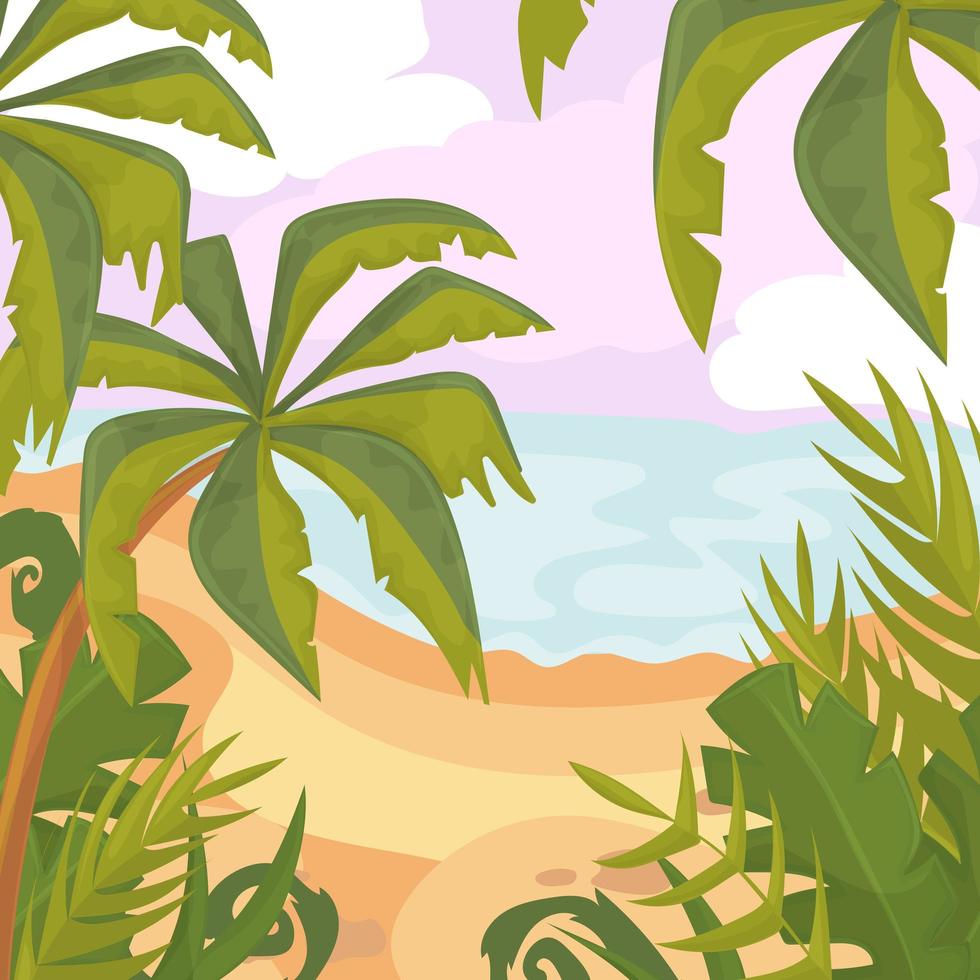 verano en la playa. palmeras y plantas. vector de dibujos animados. vacaciones de verano