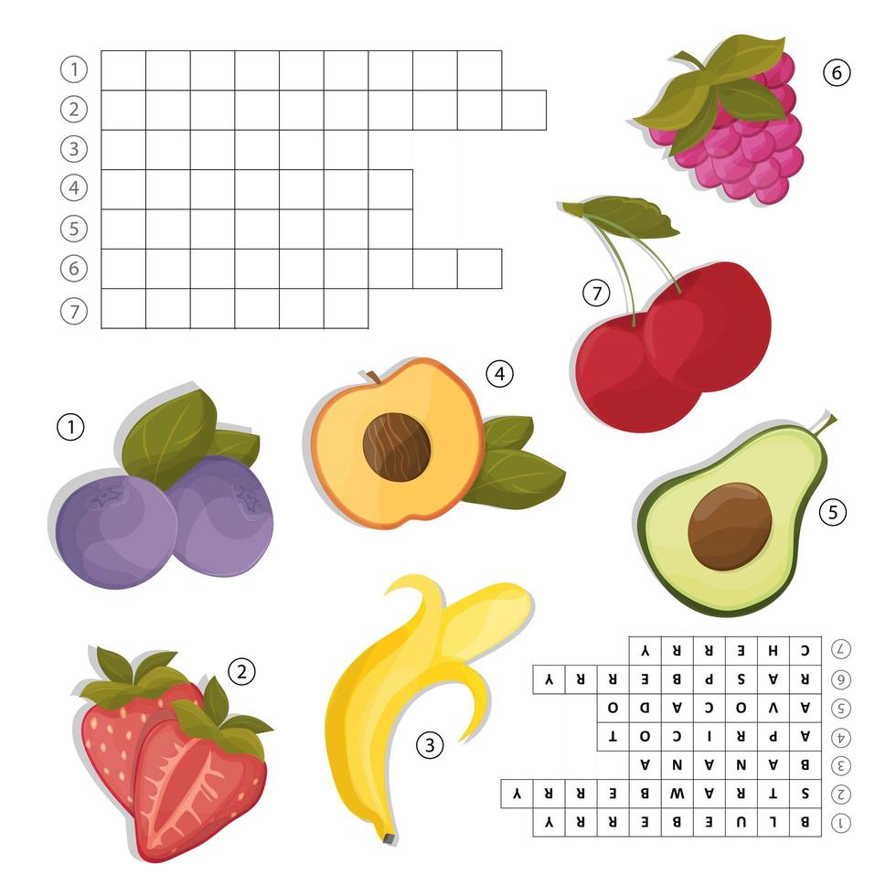 Crossword for learning English. Find the fruits and berries words vector