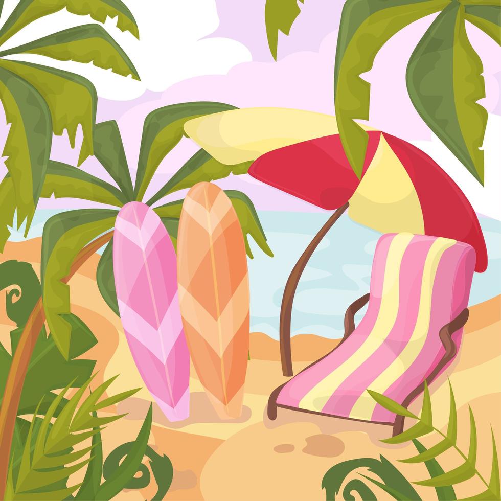 verano en la playa. palmeras y plantas alrededor de vector de dibujos animados. vacaciones de verano