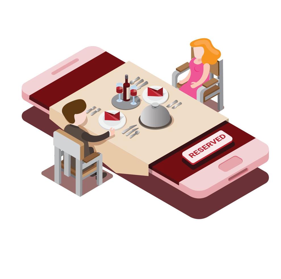 isometric booking restaurant online, smartphone vector