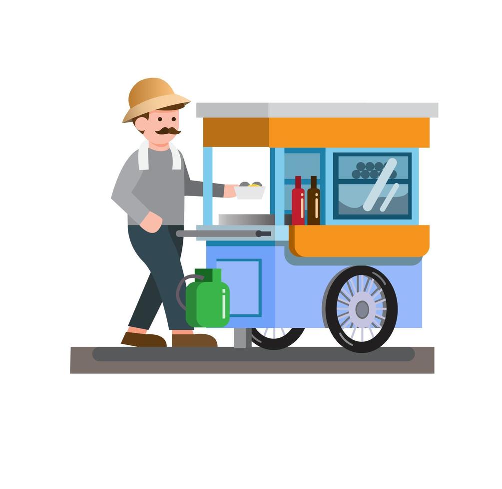 man selling traditional street food noodle meatball soup, cart, trolley, flat design vector