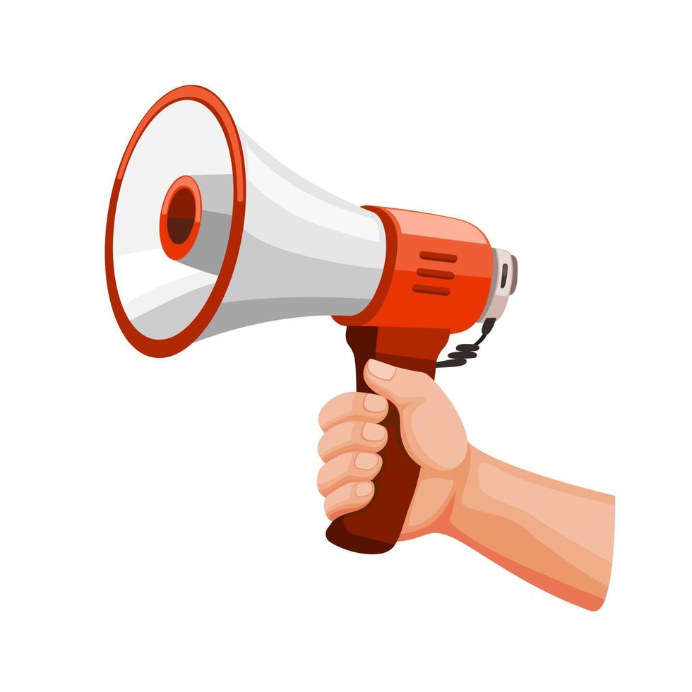 Hand holding Megaphone, Demonstrator Oration and Shouting using Loadspeaker Symbol in cartoon illustration vector isolated in white background