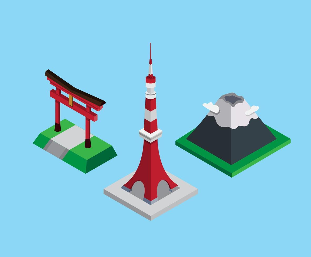 conjunto de colección isométrica de hito de japón, torre de tokio, fushimilnari - puerta de taisha y montaña de fujiyama para mapa o destino en concepto 3d ilustración plana eps 10 vector editable