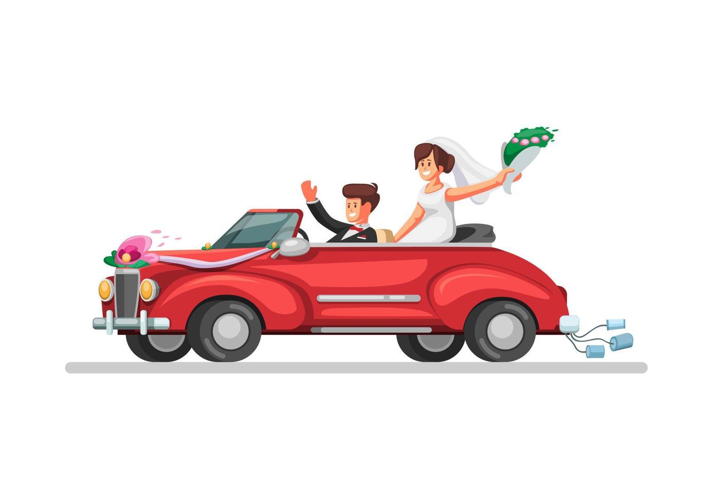 novia en coche convertible retro recién casados. Símbolo de coche de boda en vector de ilustración de dibujos animados sobre fondo blanco