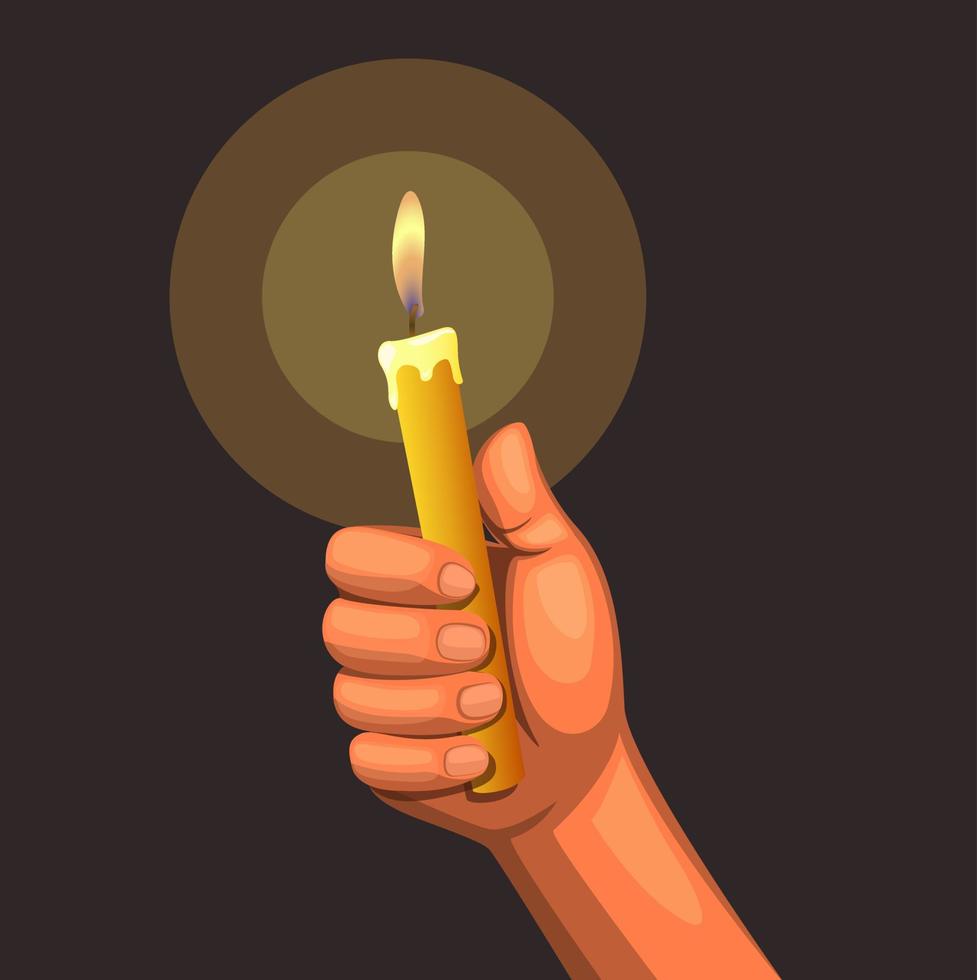 hand holding candle light concept in cartoon illustration vector on dark background