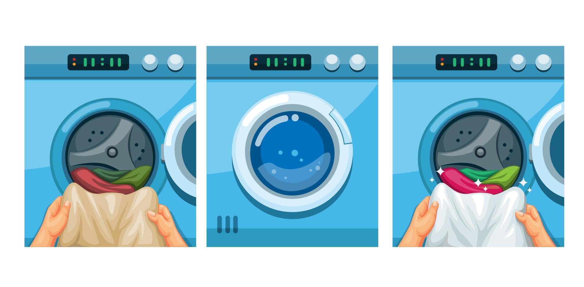 Washing machine instruction. dirty and clean cloth scene illustration vector