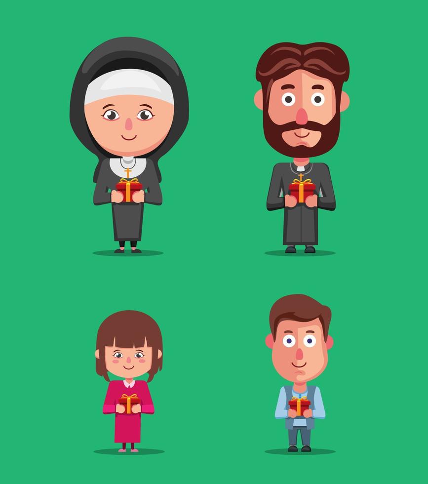 Nun, priest and child people on church celebration christmas character set illustration vector