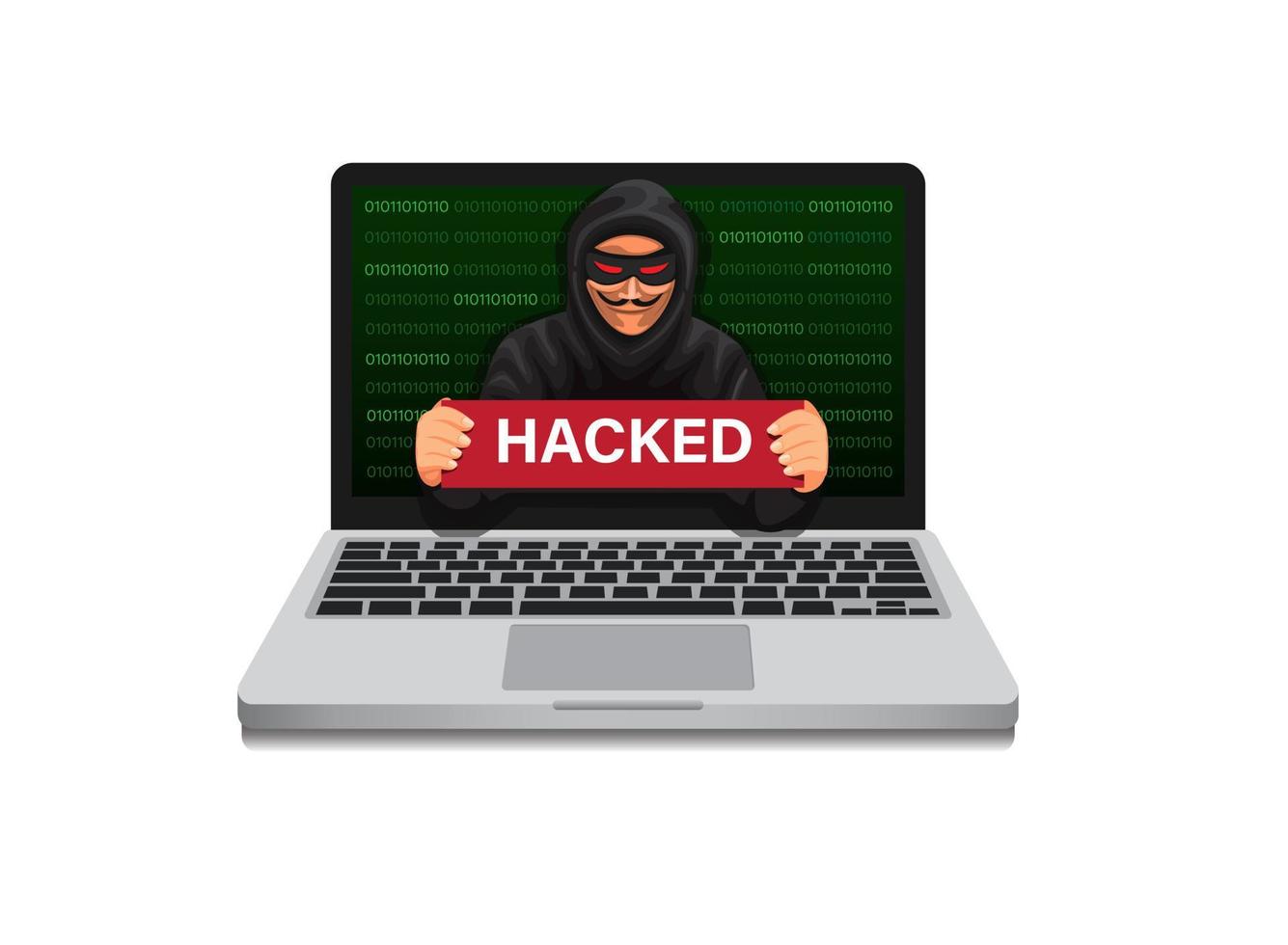 hacker con cartel pirateado en una computadora portátil con código de codificación. Concepto de símbolo de sistema de seguridad de piratería en vector de ilustración de dibujos animados sobre fondo blanco