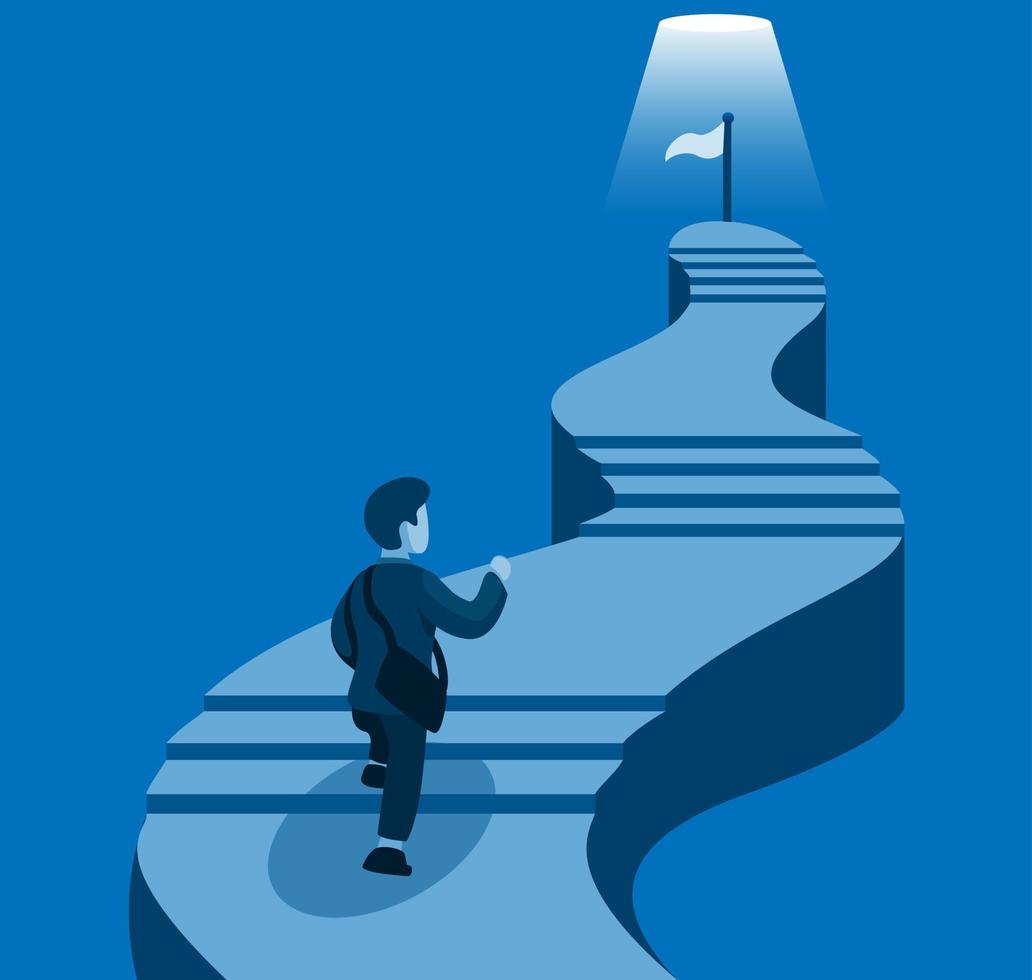 Business man climbing stair to goal. business career development in cartoon illustration vector