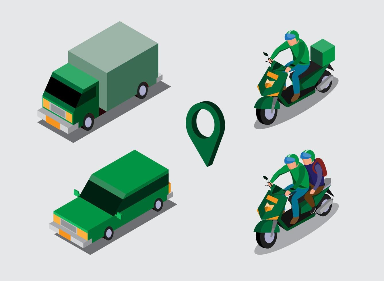 Transporte en línea motocicleta, automóvil y mensajería con vector isométrico uniforme verde