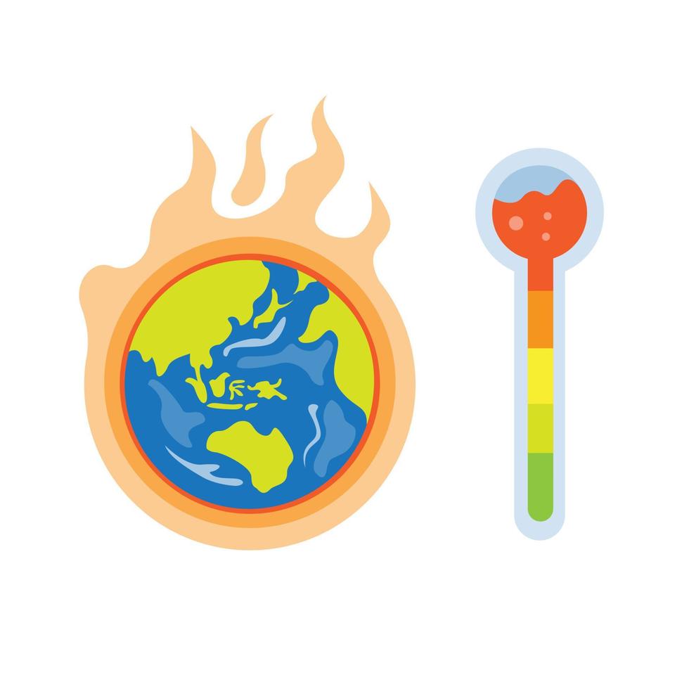 Tierra cálida, efecto de calentamiento global en el planeta tierra con vector de ilustración de estilo plano de termómetro de temperatura